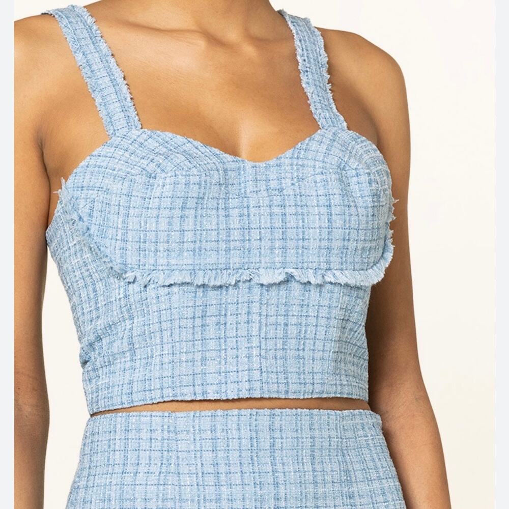Guess Emily Blue Metallic Tweed Bustier Top S NWT Sweetheart Fringed Cropped